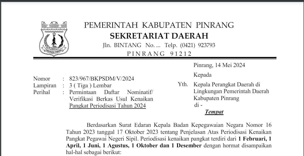 Permintaan Daftar Nominatif dan Berkas Usul Kenaikan Pangkat Periodisasi Tahun 2024